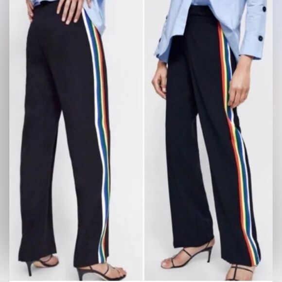 NWOT Zara Women’s Flowing Rainbow Rib Striped Elastic Waist Trousers Pride XS - Picture 2 of 11